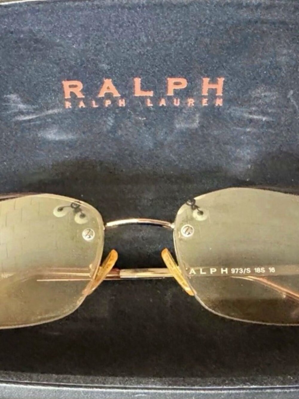Ralph Lauren 973/S Rimless Rectangle Sunglasses Gold Metal Frame Brown Tinted